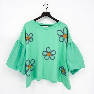 Oddy Boutique Boho Floral Embroidered Puff Sleeve Top Mint 3X